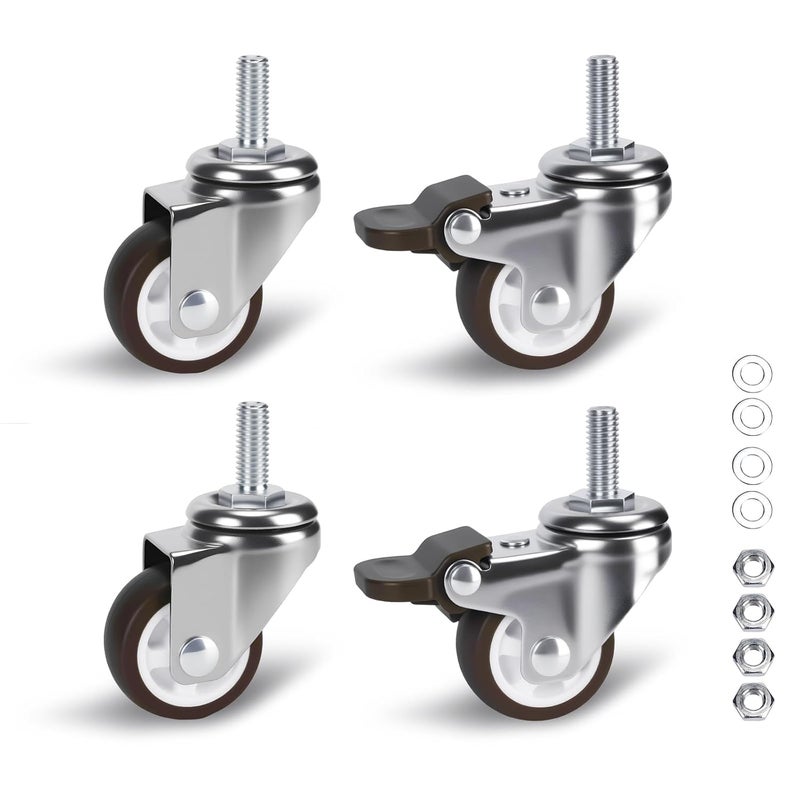 ZUOFANG 1.25 in Stem Casters Set of 4, Small Swivel Caster Wheels with Brake, Mini Low Profile Threaded Caster Wheels for Furniture, Lightweight Shelf, Total Load Capacity: 140Lbs,M6x15mm - Image 1